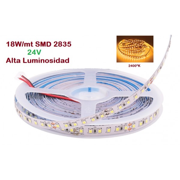 Tira LED 5 mts Flexible 24V 90W 600 Led SMD 2835 IP20 2400K Alta Luminosidad